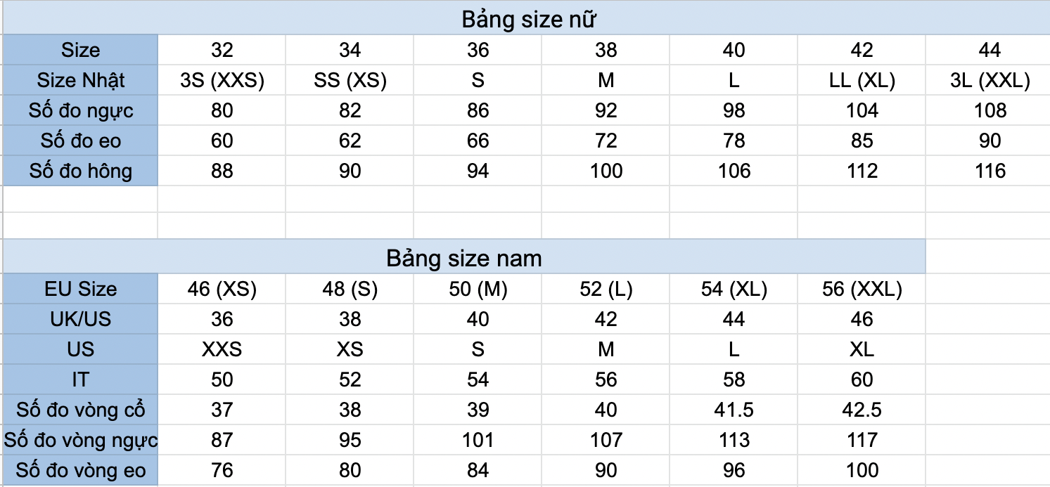 bảng size của mango