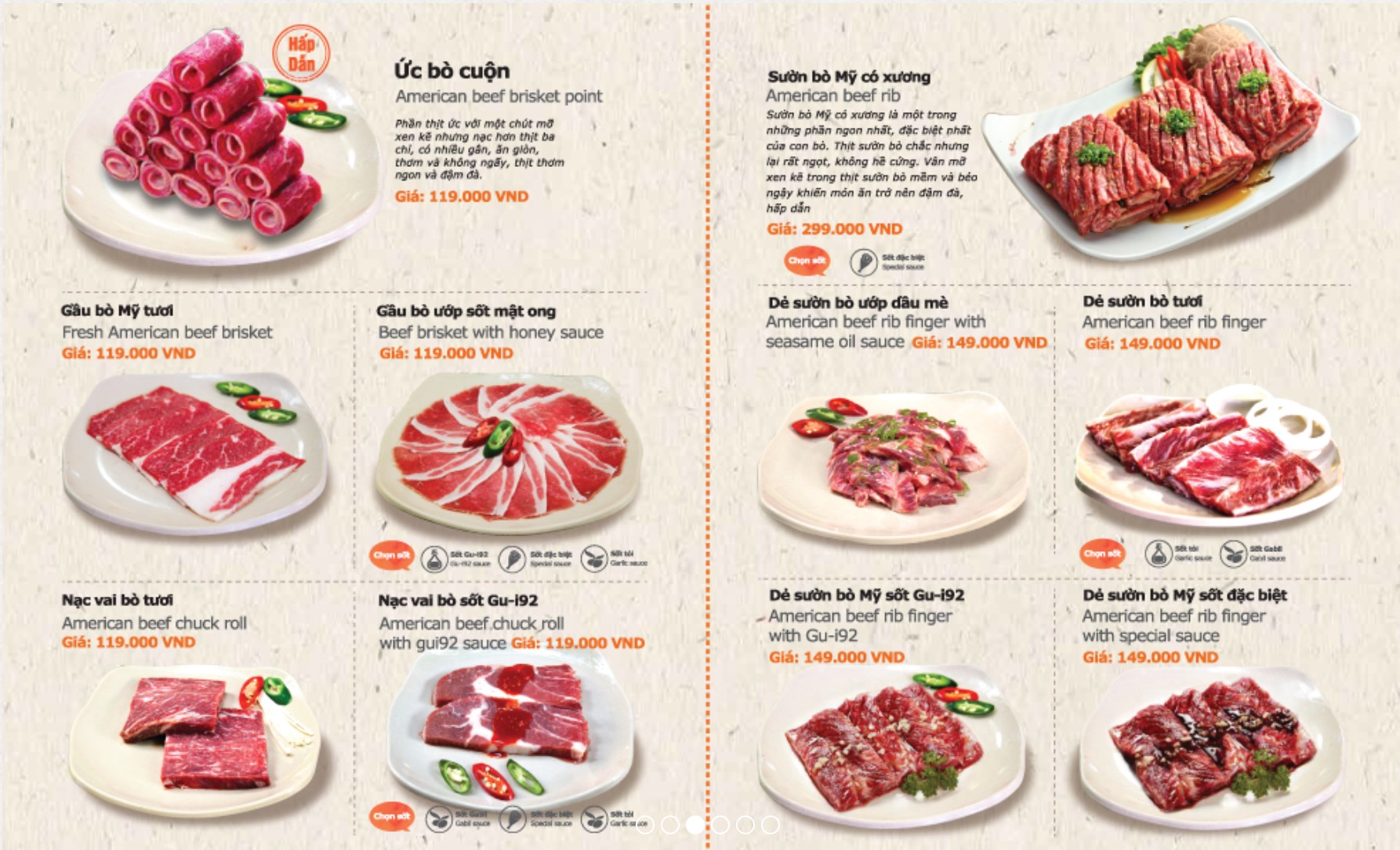 các loại thịt bò trong menu Alacarte của Gui Gui tại Vincom