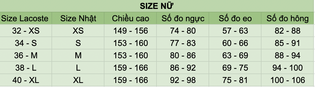bảng size lacoste cho nữ