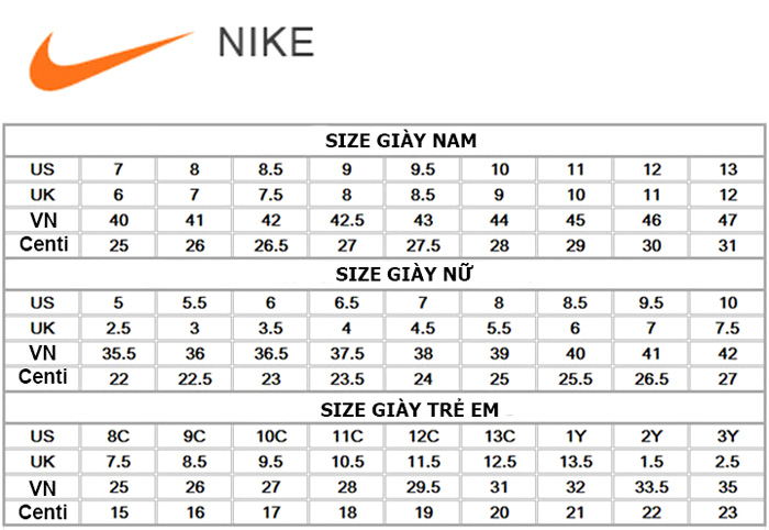 bảng size của Nike