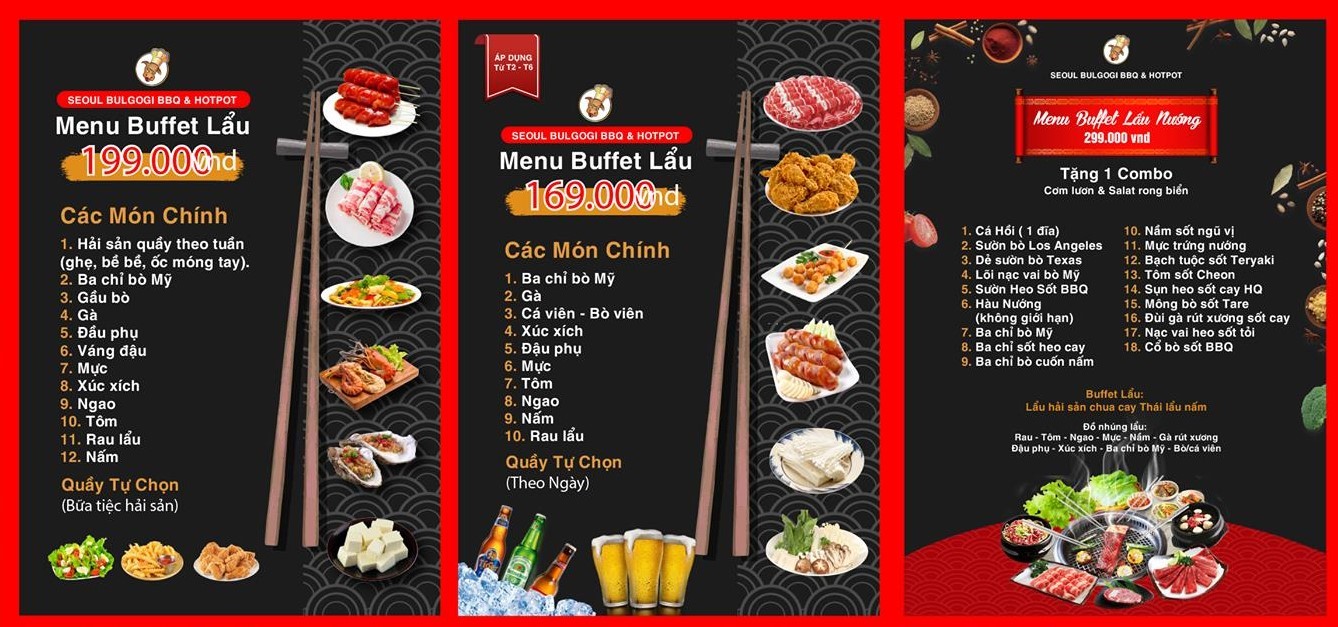 menu buffet lẩu với hai mức giá 199k và 169k