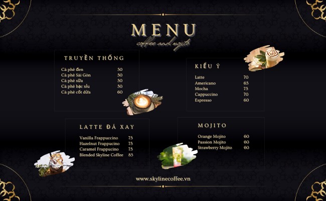 menu và bảng giá tại Skyline Coffee