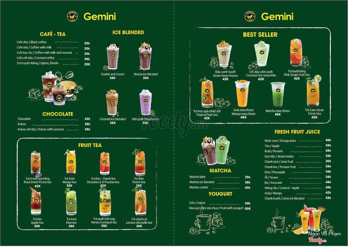 menu và giá của Gemini Coffee