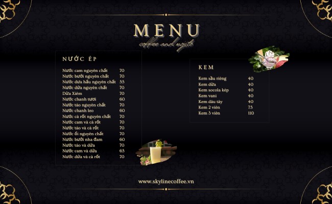 menu và bảng giá tại Skyline Coffee