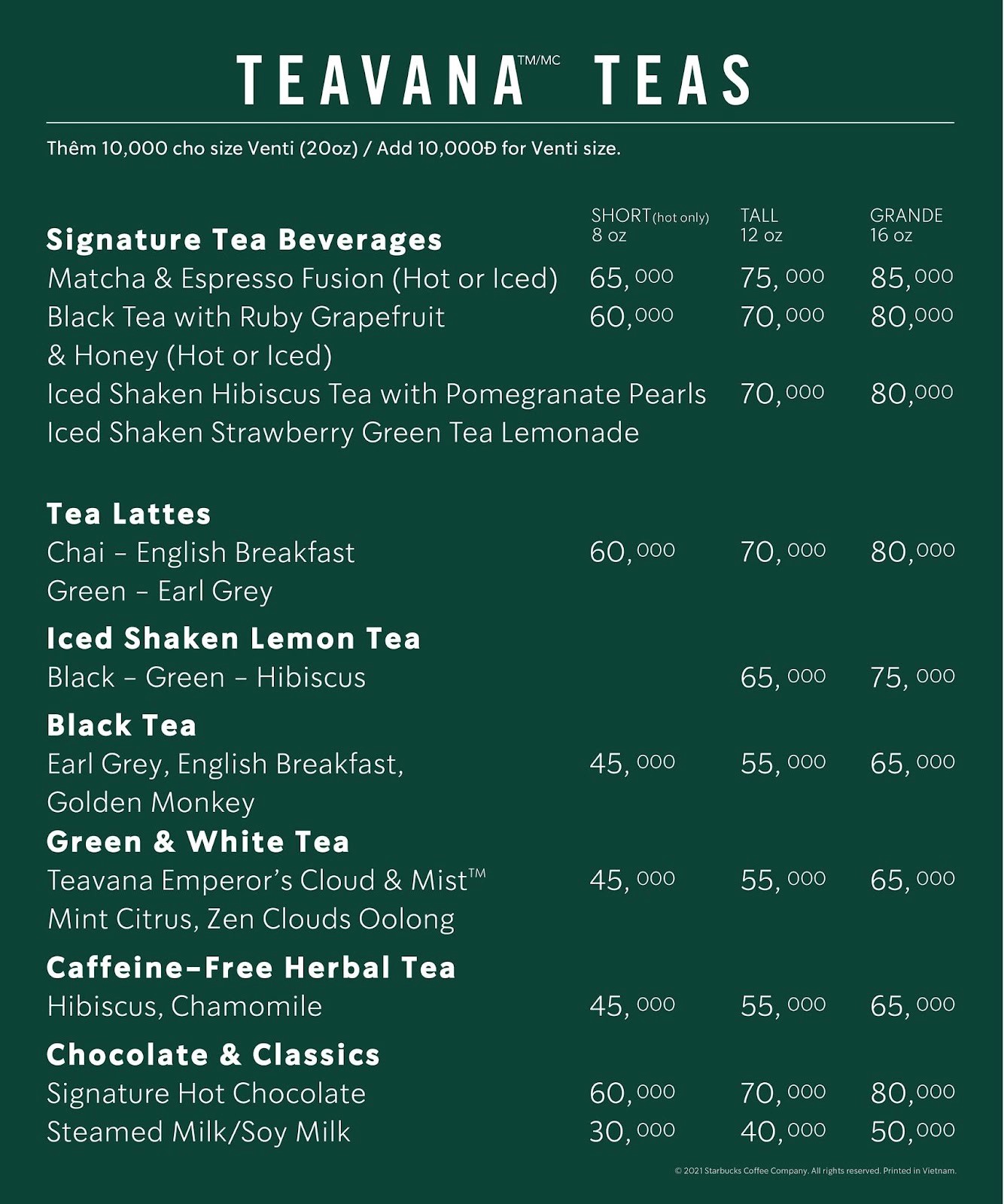 menu trà tại Starbucks