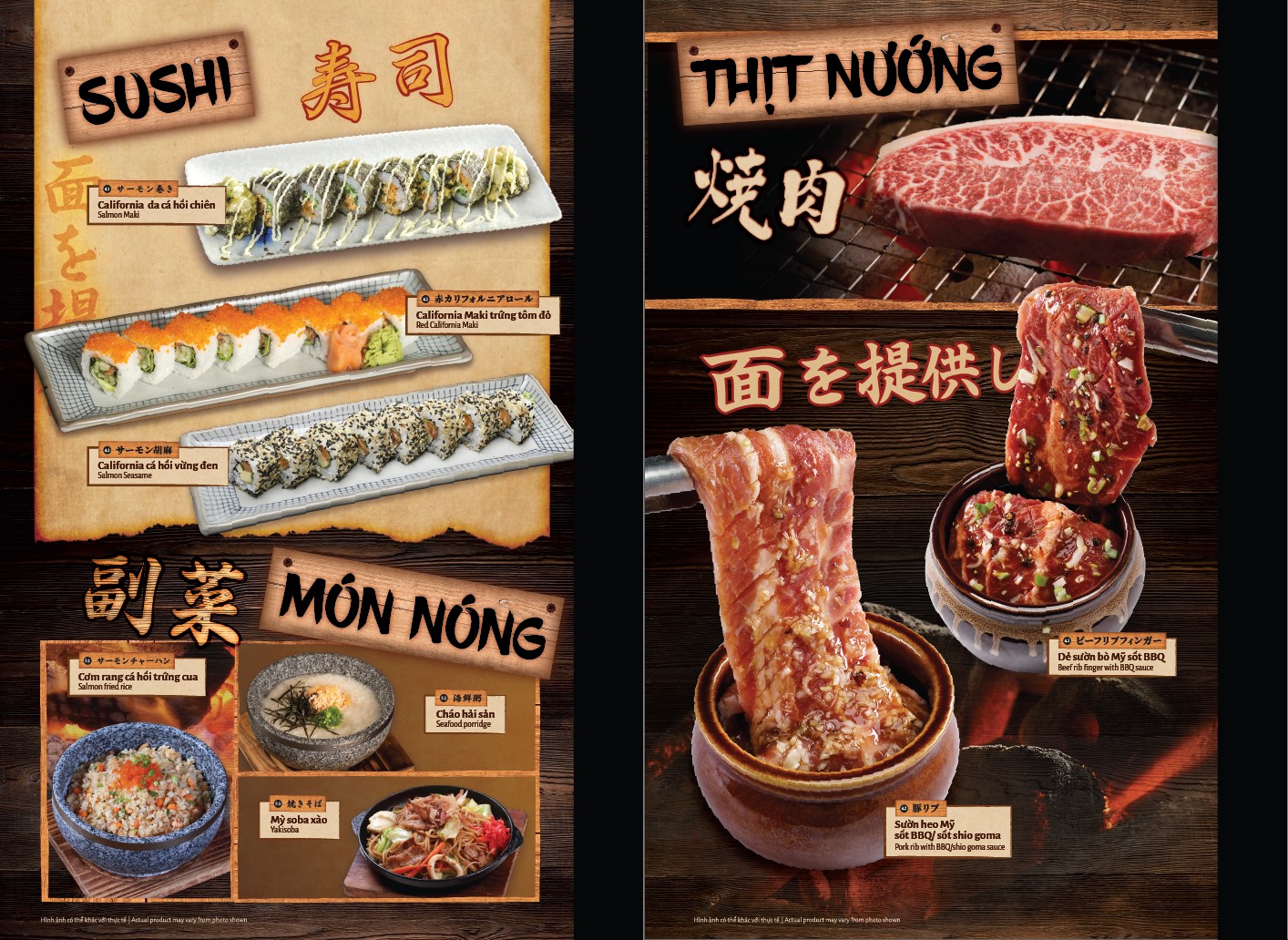menu sushi và thịt nướng