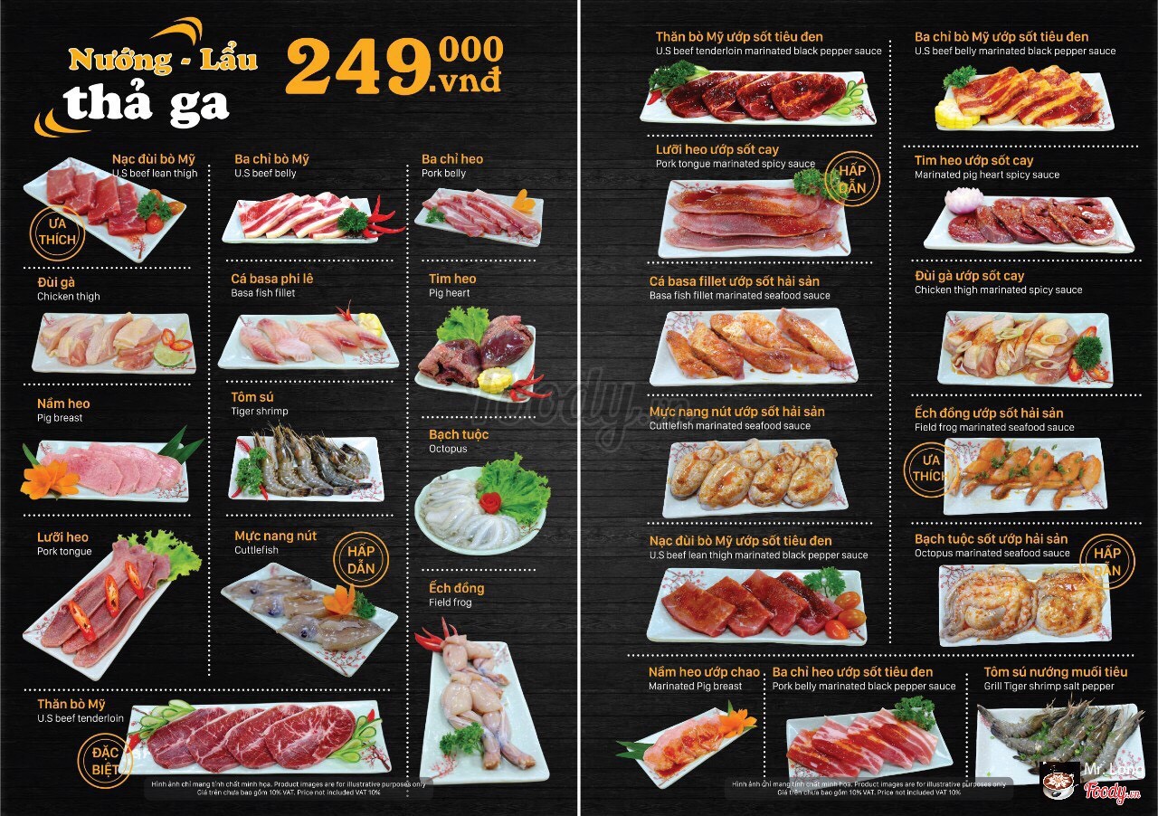 menu buffet 249k với các món thịt và hải sản thả ga
