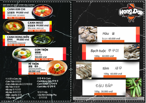 menu hải sản và các món cơm