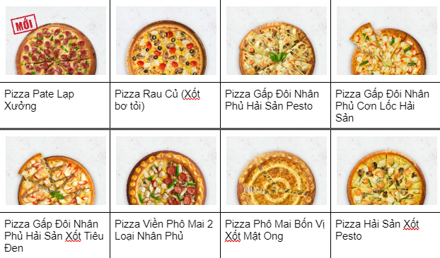 menu đa dạng các loại pizza