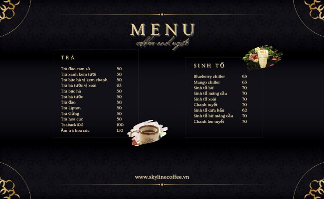 menu và bảng giá tai Skyline Coffee