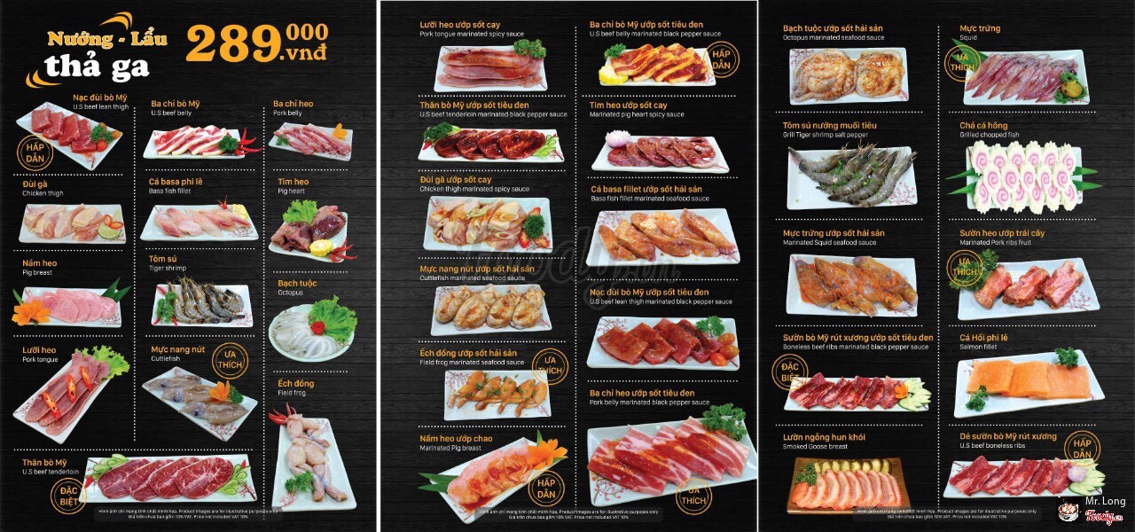 menu buffet 289k với đầy đủ các loại thịt đến hải sản