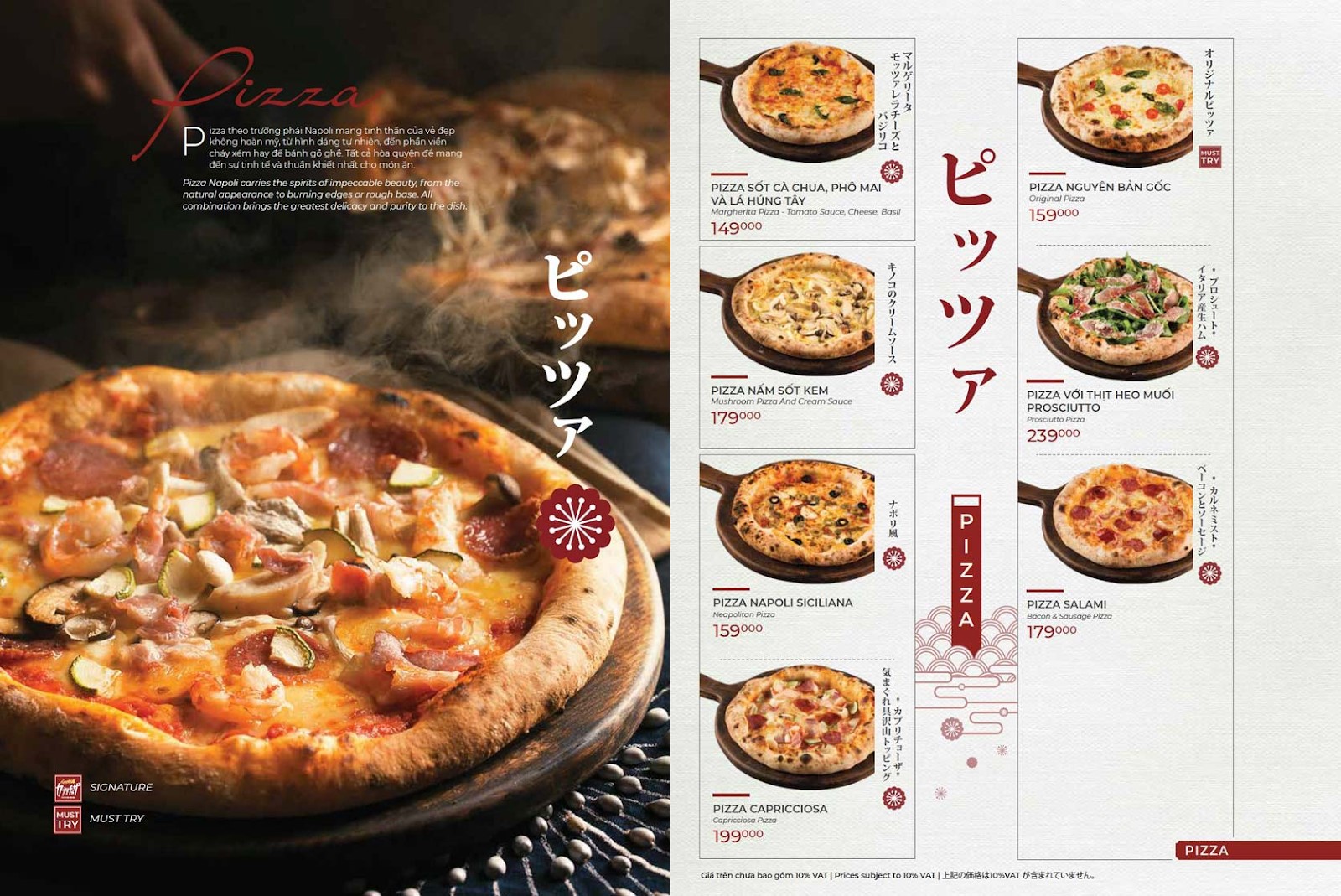 menu các loại pizza tại nhà hàng