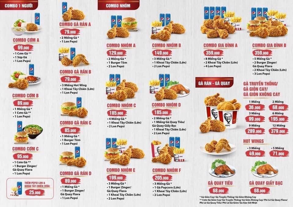 menu đa dạng các món gà rán từ món lẻ đến combo của KFC